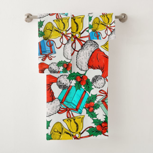 Christmas Hats, Gifts and Bells Bath Towel Set (Insitu)