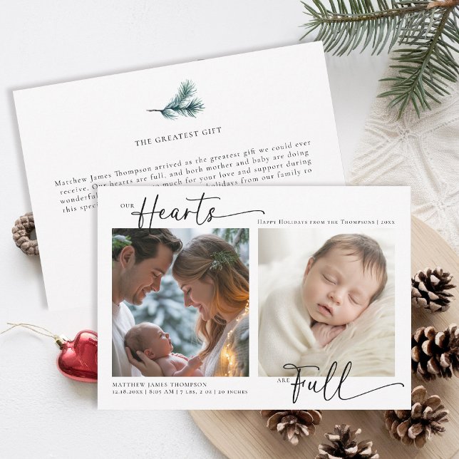 Christmas Hearts Full Modern Family Baby 2 Photos Holiday Card (christmas family card baby announcement card chic calligraphy simple elegant 2 photos classic)