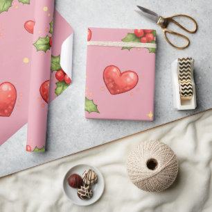 Christmas Hearts & Holly Wrapping Paper