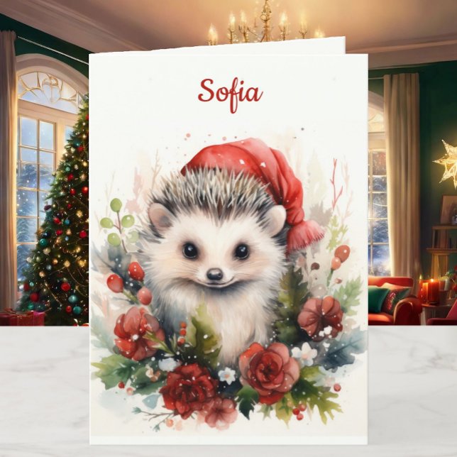 Christmas Hedgehog Personalise Name & Greeting Holiday Card (Creator Uploaded)