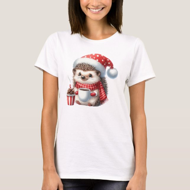 Christmas hedgehog with hot chocolate T-Shirt (Front)