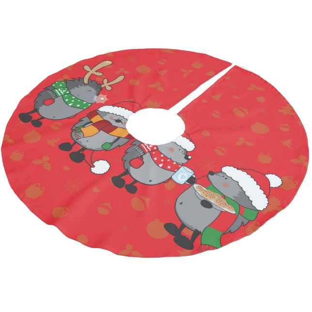 Christmas hedgehogs brushed polyester tree skirt (Angled)