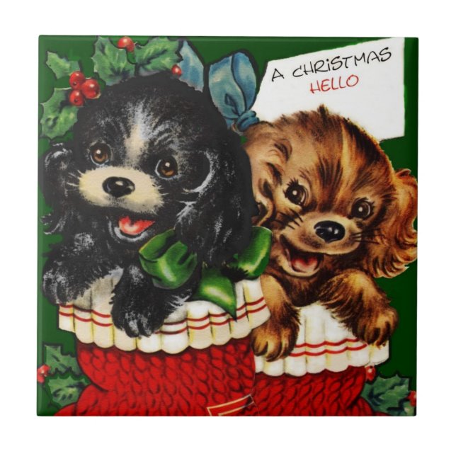Christmas Hello Puppies Ceramic Tile (Front)