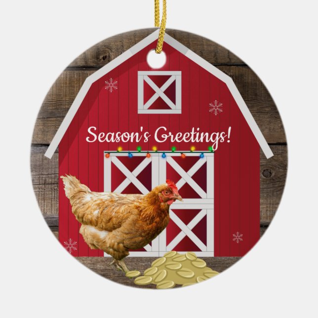Christmas Hen Farm Ceramic Ornament (Front)