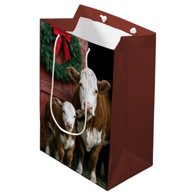 Christmas Hereford Cow and Calf Medium Gift Bag (Front Angled)