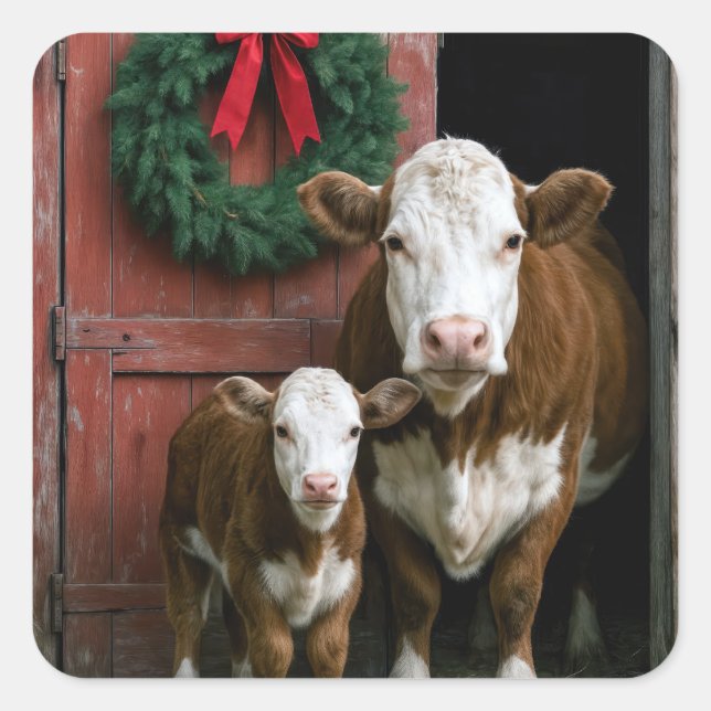 Christmas Hereford Cow and Calf Square Sticker (Front)