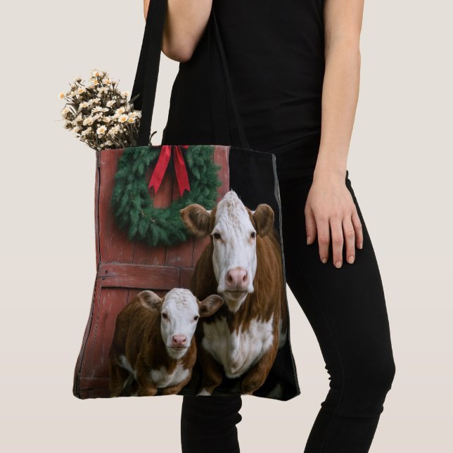 Christmas Hereford Cow and Calf Tote Bag (Close Up)