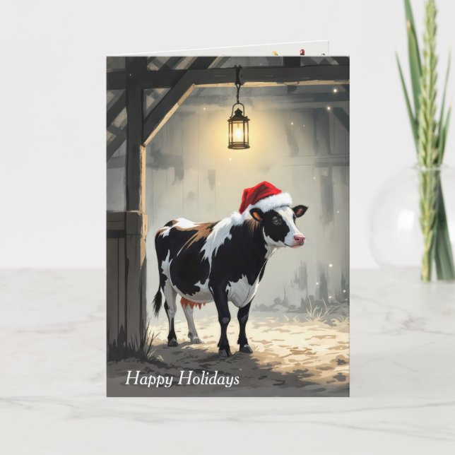 Christmas Hereford Cow In Barn Doorway Card (Front)