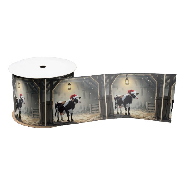 Christmas Hereford Cow In Barn Doorway Satin Ribbon (Spool)
