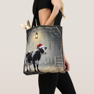 Christmas Hereford Cow In Barn Doorway Tote Bag