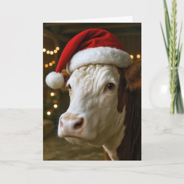Christmas Hereford Cow Wearing a Santa Hat Card (Front)