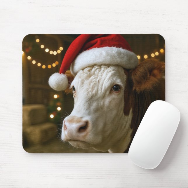 Christmas Hereford Cow Wearing a Santa Hat Mouse Pad (With Mouse)
