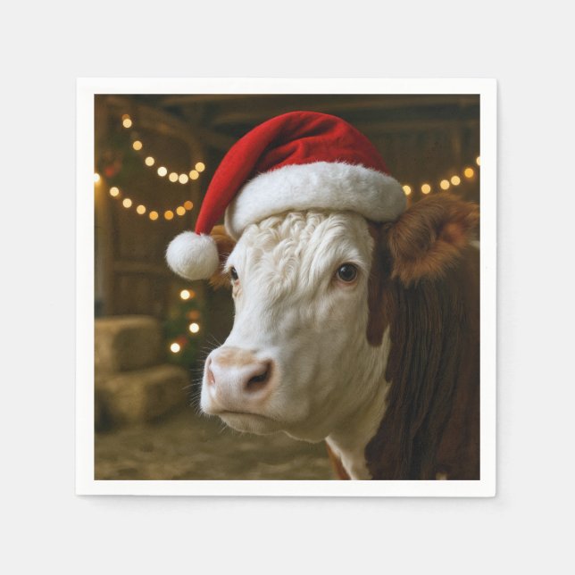Christmas Hereford Cow Wearing a Santa Hat Napkin (Front)