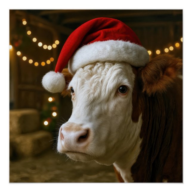Christmas Hereford Cow Wearing a Santa Hat Poster (Front)