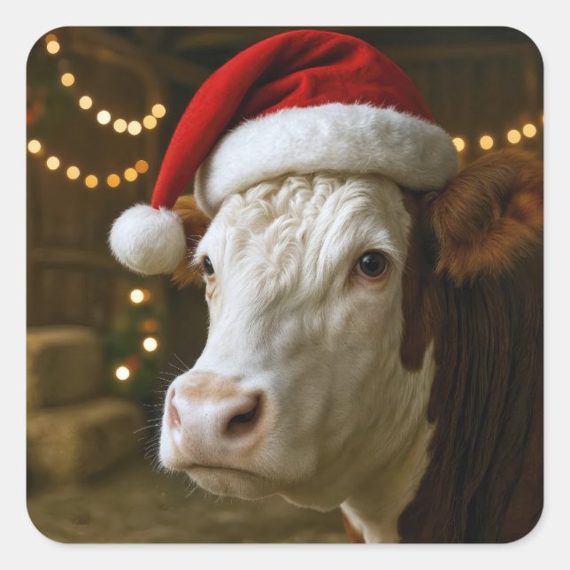 Christmas Hereford Cow Wearing a Santa Hat Square Sticker (Front)
