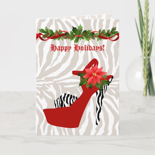 Christmas High Heel Shoe Zebra Holiday Card (Front)