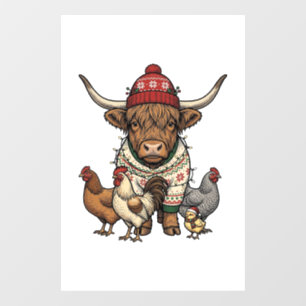 Christmas Highland Cow and Chickens Vintage Engrav