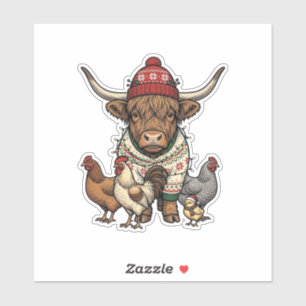 Christmas Highland Cow and Chickens Vintage Engrav