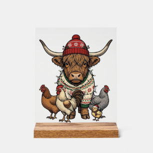 Christmas Highland Cow and Chickens Vintage Engrav Acrylic Sign