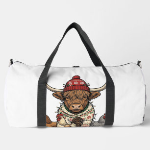 Christmas Highland Cow and Chickens Vintage Engrav Duffle Bag