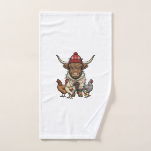 Christmas Highland Cow and Chickens Vintage Engrav Hand Towel