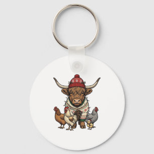 Christmas Highland Cow and Chickens Vintage Engrav Key Ring