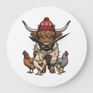 Christmas Highland Cow and Chickens Vintage Engrav Large Clock