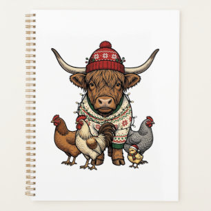 Christmas Highland Cow and Chickens Vintage Engrav Planner