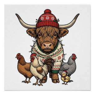 Christmas Highland Cow and Chickens Vintage Engrav Poster
