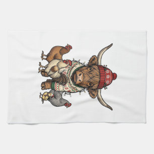 Christmas Highland Cow and Chickens Vintage Engrav Tea Towel
