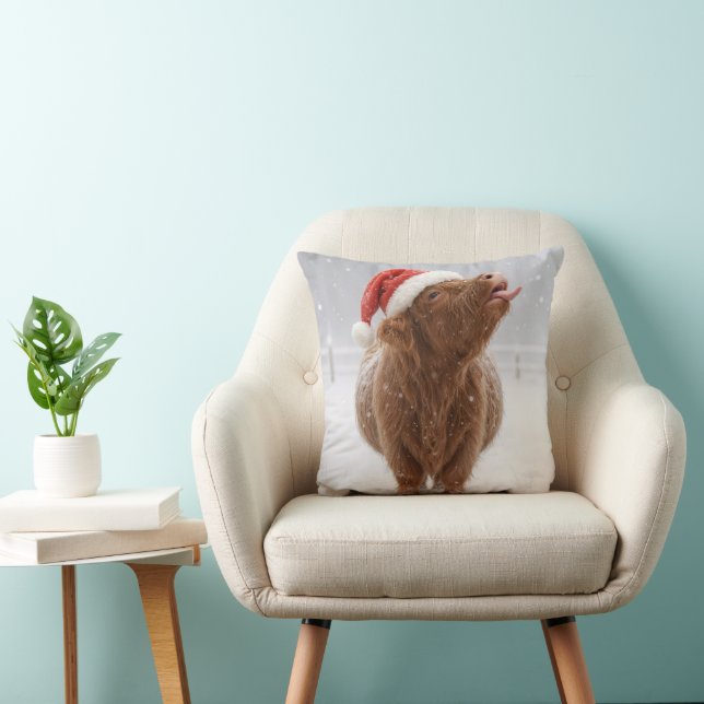 Christmas Highland Cow Catching Snowflakes Cushion (Chair)