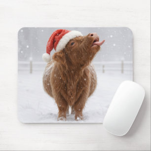 Christmas Highland Cow Catching Snowflakes Mouse Pad