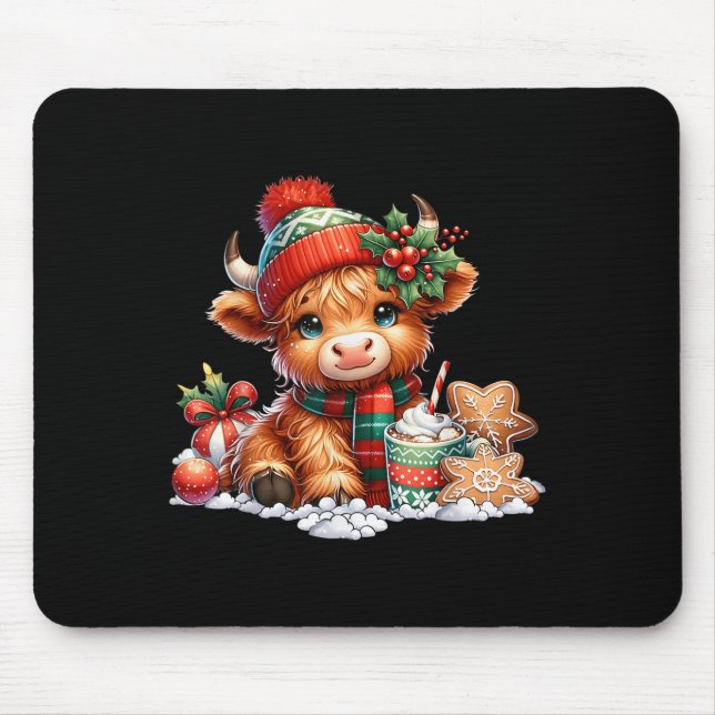 Christmas Highland Cow Cute Heifer Cow Santa Hat M Mouse Pad (Front)