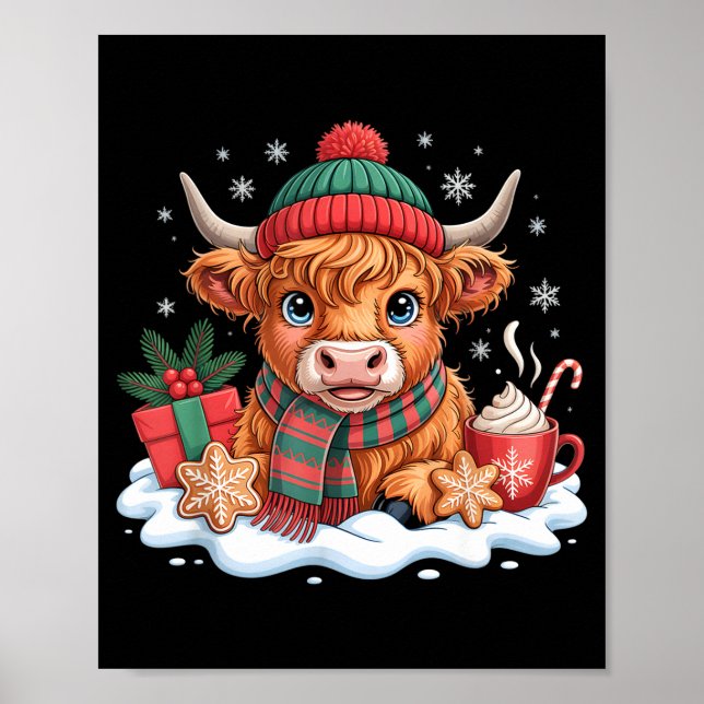 Christmas Highland Cow Cute Heifer Cow Santa Hat M Poster (Front)