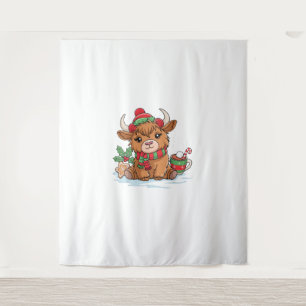 Christmas Highland Cow Cute Heifer Cow Santa Hat M Tapestry