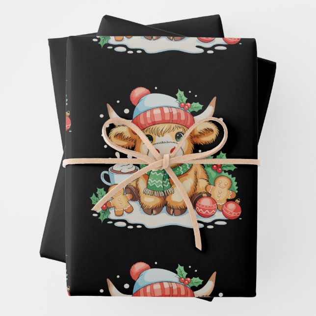 Christmas Highland Cow Cute Heifer Mooey Santa Hat Wrapping Paper Sheet (In situ)