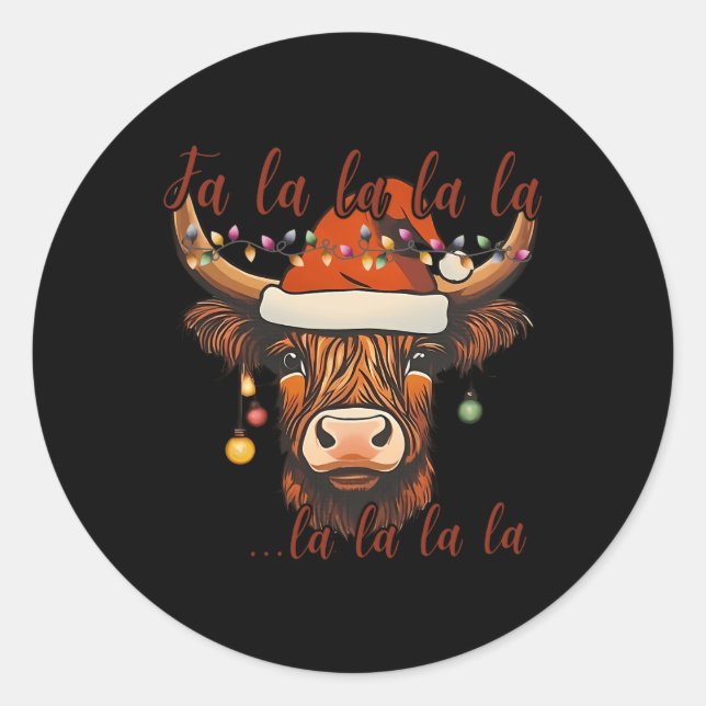 Christmas Highland Cow Falalala Xmas Heifer Cowgir Classic Round Sticker (Front)