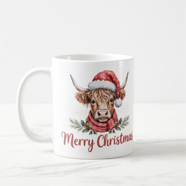 Christmas Highland Cow | Festive Holiday Coffee Coffee Mug (Left)
