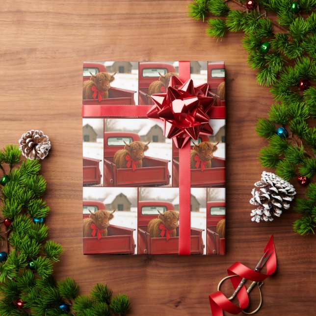 Christmas Highland Cow In Old Red Pickup Truck Wrapping Paper (Holiday Gift)