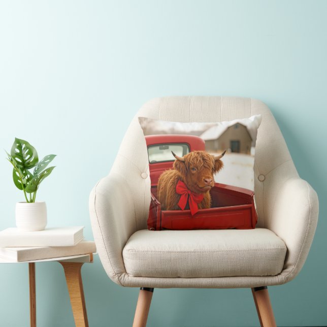 Christmas Highland Cow In Old Red Truck Cushion (Chair)