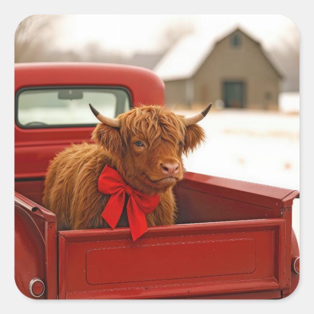 Christmas Highland Cow In Old Red Truck Square Sticker (Front)