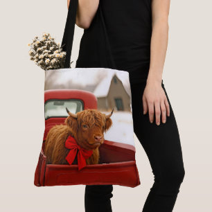 Christmas Highland Cow In Old Red Truck Tote Bag