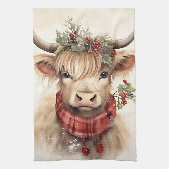 Christmas Highland Cow-  Kitchen Towel (Vertical)