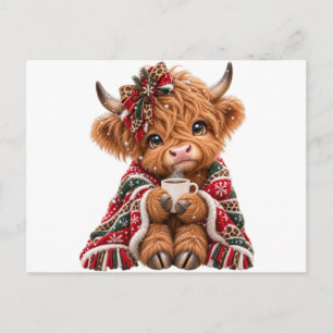 Christmas Highland Cow Leopard Coquette Bow Coffee Postcard