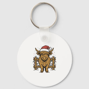 Christmas Highland Cow Santa Hat Vintage Engraving Key Ring