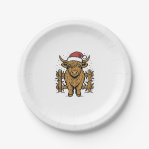 Christmas Highland Cow Santa Hat Vintage Engraving Paper Plate