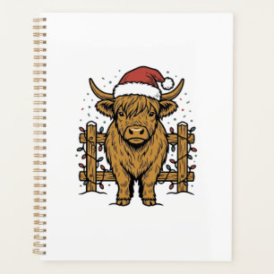 Christmas Highland Cow Santa Hat Vintage Engraving Planner