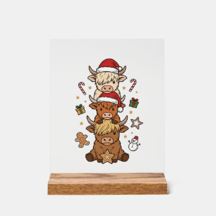Christmas Highland Cow Stack Vintage Engraving Des Acrylic Sign