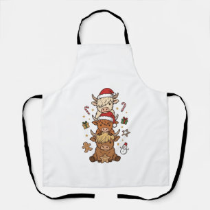 Christmas Highland Cow Stack Vintage Engraving Des Apron