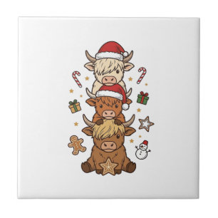 Christmas Highland Cow Stack Vintage Engraving Des Ceramic Tile